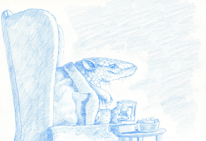 "The long winter nights passed pleasantly enough-- some good Scotch, a bowl of imported witchetty grubs and a gripping read. Yet his mind would often turn to thoughts of Estralita and the Lamborghini." (blue pencil sketch)