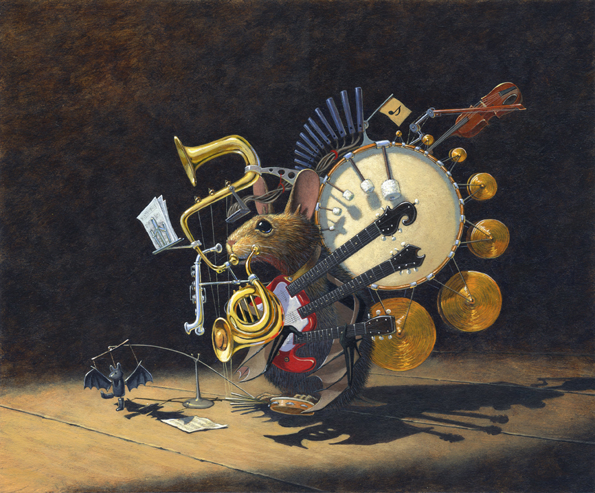 The one-bat-band plays many things at once, with feet and breath and wings.