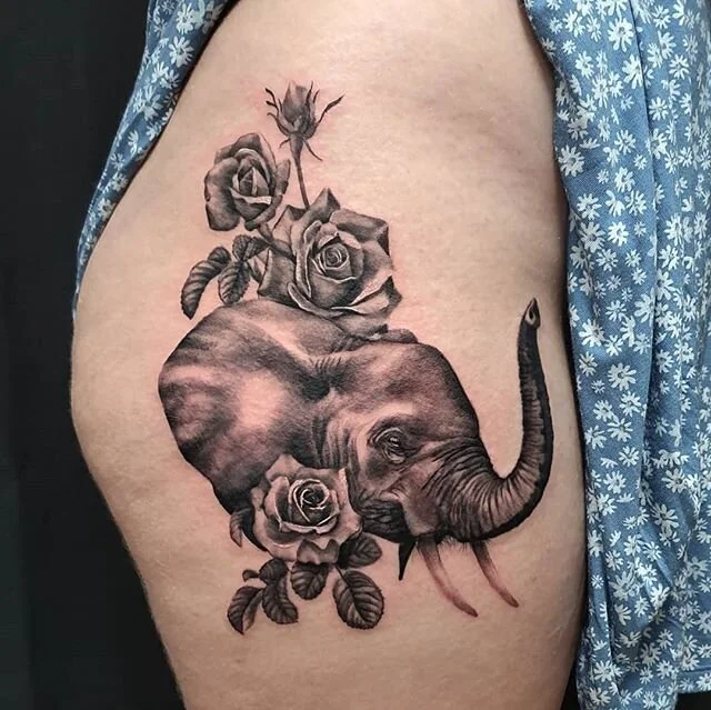 Seriously love elephants, they are such beautiful animals so I was stoked to hear I was doing this piece ❤ 
#elephanttattoo #elephant #tattoo #thightattoo #femininetattoo #rosetattoo #brisbanetattoo #brisbane #femaleartist #femaletattooer #art #elephantart #bulimba #realismtattoo #blackandgreytattoo #blackandgreyrealism #tattoosofinstagram #besttattoos