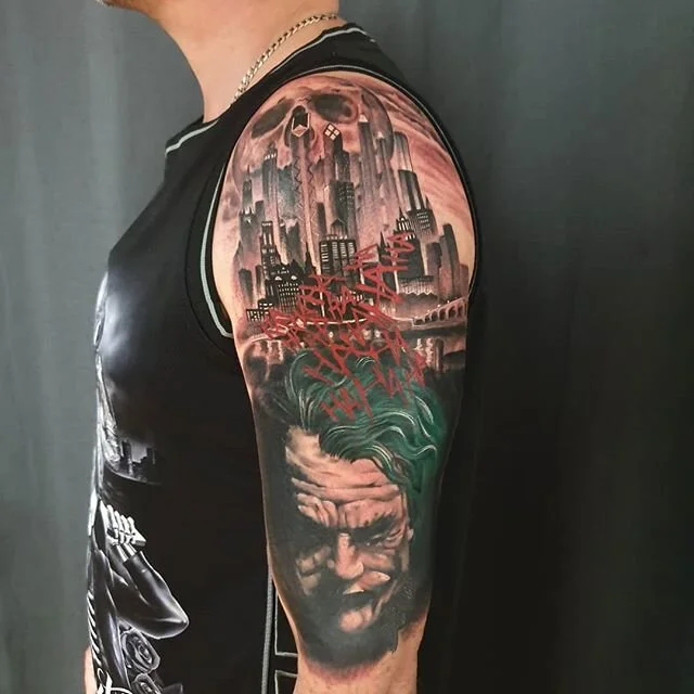 Joker half sleeve / cover up, swipe to see what was underneath.. #brisbanetattoo #bulimbatattooist #tattoosofinstagram #halfsleevetattoo #tattoo #jokertattoo #heathledger #heathledgerjoker #gotham #gothamcity #comictattoo