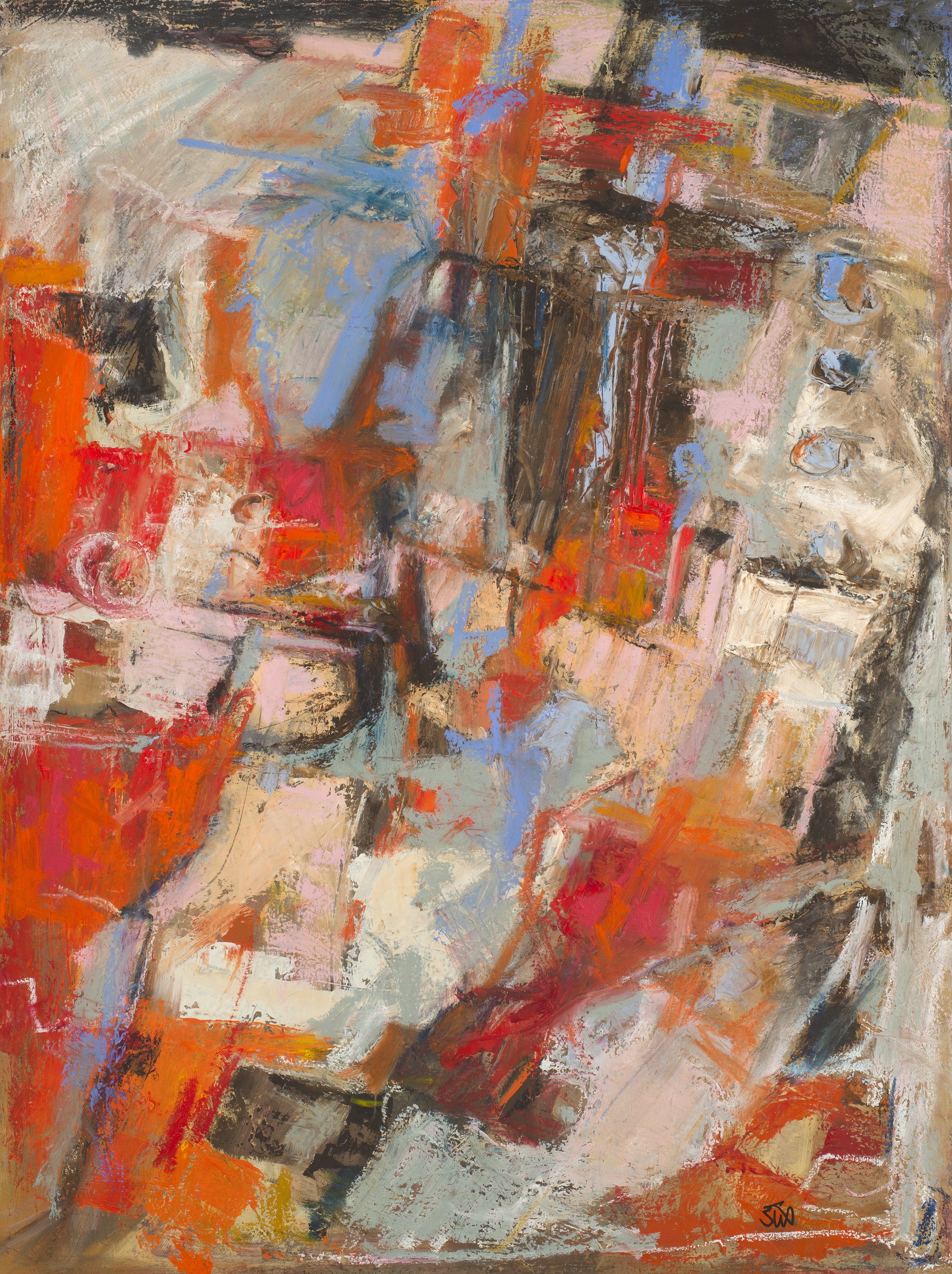 Tapestry in Red and Blue Oil and Mixed Media on Canvas 30" x 40" For more information regarding pricing and availability for this piece, please call Domain Interiors and Design at 843-388-0328 or visit the gallery at 652 Coleman Blvd. Ste. 100, Mt. Pleasant, SC 29464.