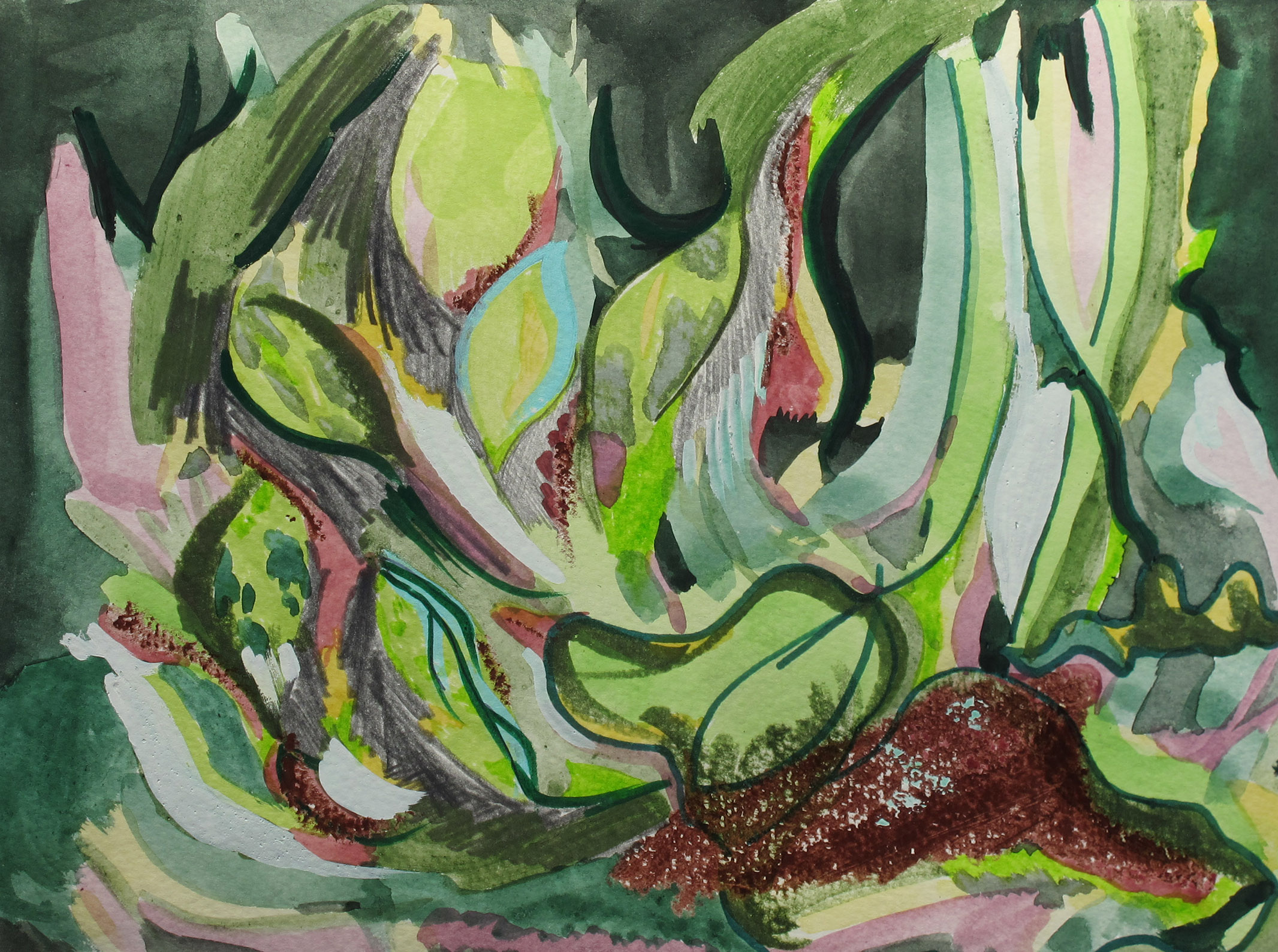 Jungle Shade - Watercolor, colored pencil, pencil, marker and oil stick. 12 x 9 inches