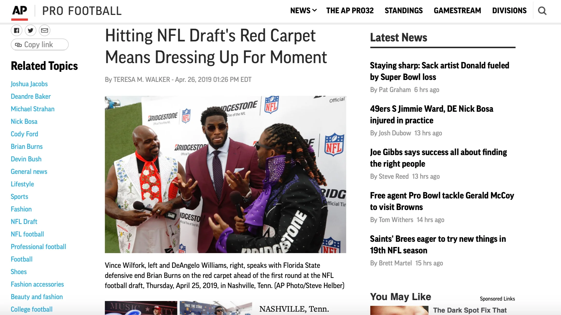 Associated Press , April 26, 2019 Hitting NFL Draft's Red Carpet Means Dressing Up For Moment