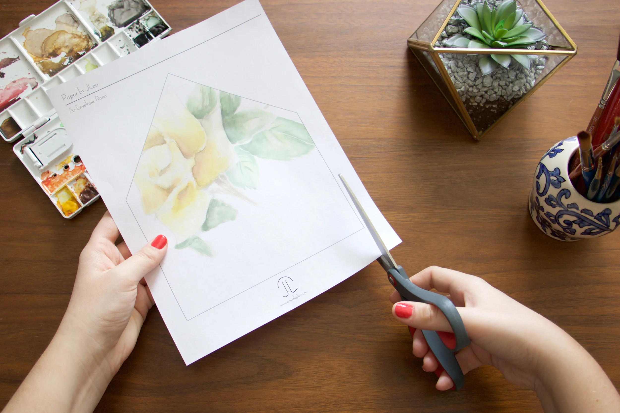 Envelope Liner Printable, White Rose Watercolor