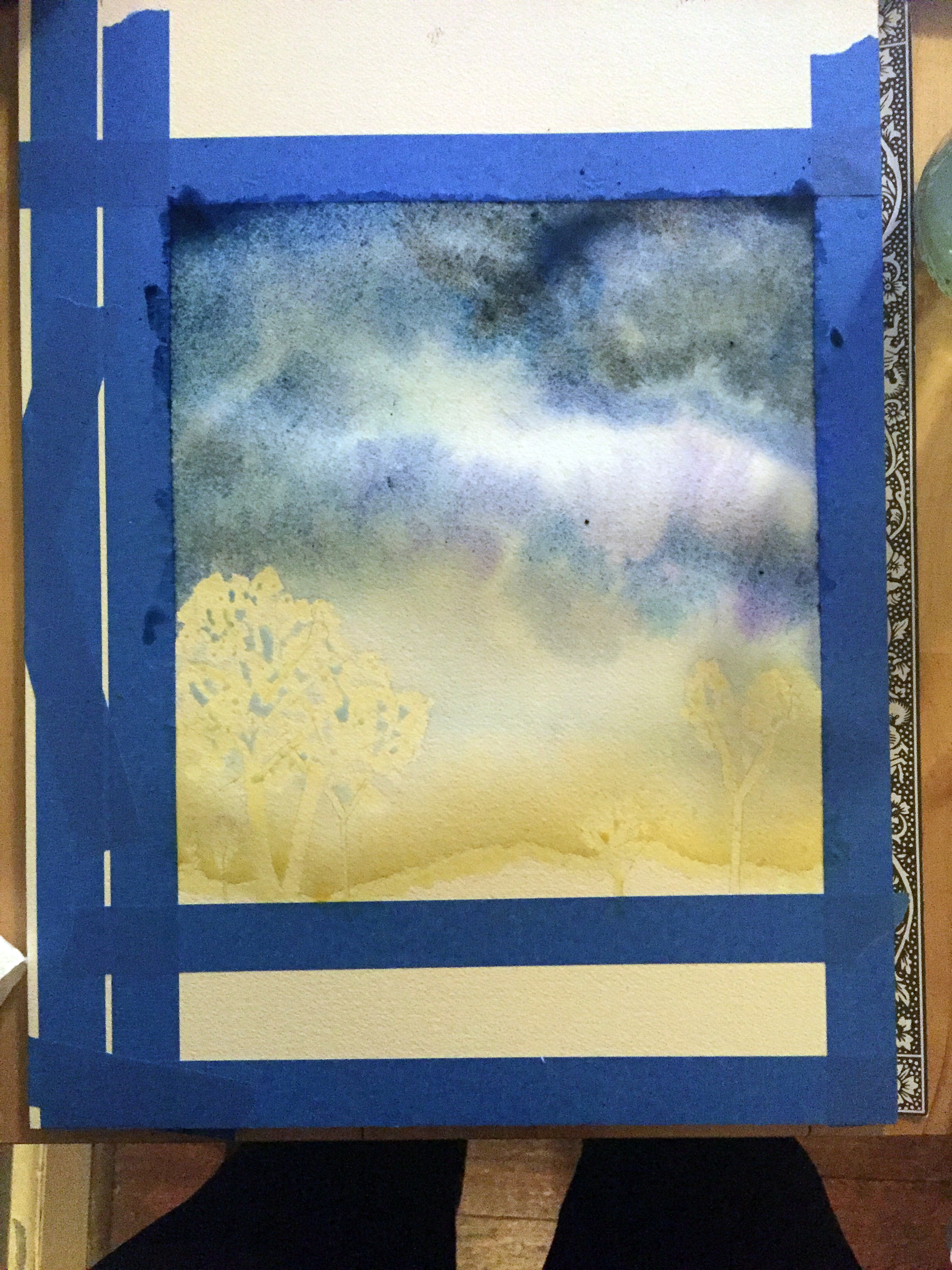 Step 1: Apply masking fluid & begin painting the sky