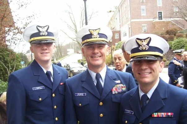 Newly minted ENS Kilgo (on right) with CWO Tom Gelwicks at Officer Candidate School (OCS) graduation.
