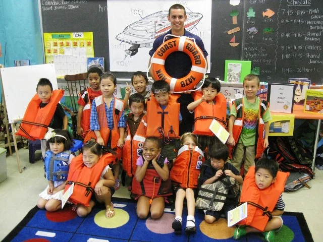 During his time at AUP Unit Auburn, DeCastra teaches young students the importance of always wearing a life jacket. Children’s life jackets are approved for specific weight categories to provide optimal buoyancy and comfort to children of all ages. U.S. Coast Guard photo courtesy Flotilla 8-12, Auburn, Ala.