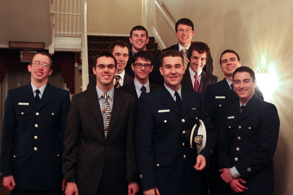  Jesse Thrift (bottom left), Cole Ashcraft (bottom, second from left), and Jacob Thayer (second row, far right), all class of 2013, were "plank owners" at AUP Unit Washington DC. &nbsp;Mr. Thrift is off to serve as Communications Officer with Flotill