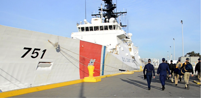 CMA Cadets spent several nights aboard the Coast Guard Cutter Waesche where they stood four hours on, eight hours off of engine and bridge watches among the crew, participated in firefighting training, navigation briefings, and law enforcement equipment demonstrations. Cutter departed from Coast Guard Island and went north to a shipyard in Portland, Oregon.