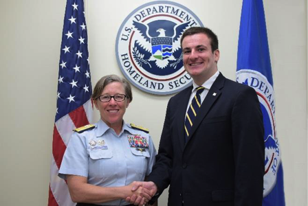 Ellis meets with Rear Admiral Nunan, the Military Advisor to the Secretary of Homeland Security, 08 August 2016. Photo by PA1 Jetta Disco.