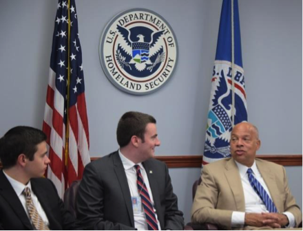 Theodotou (left) and Ellis (center) speak with Secretary Johnson at a roundtable discussion with DHS interns, 11 July 2016. Photo by PA1 Jetta Disco.