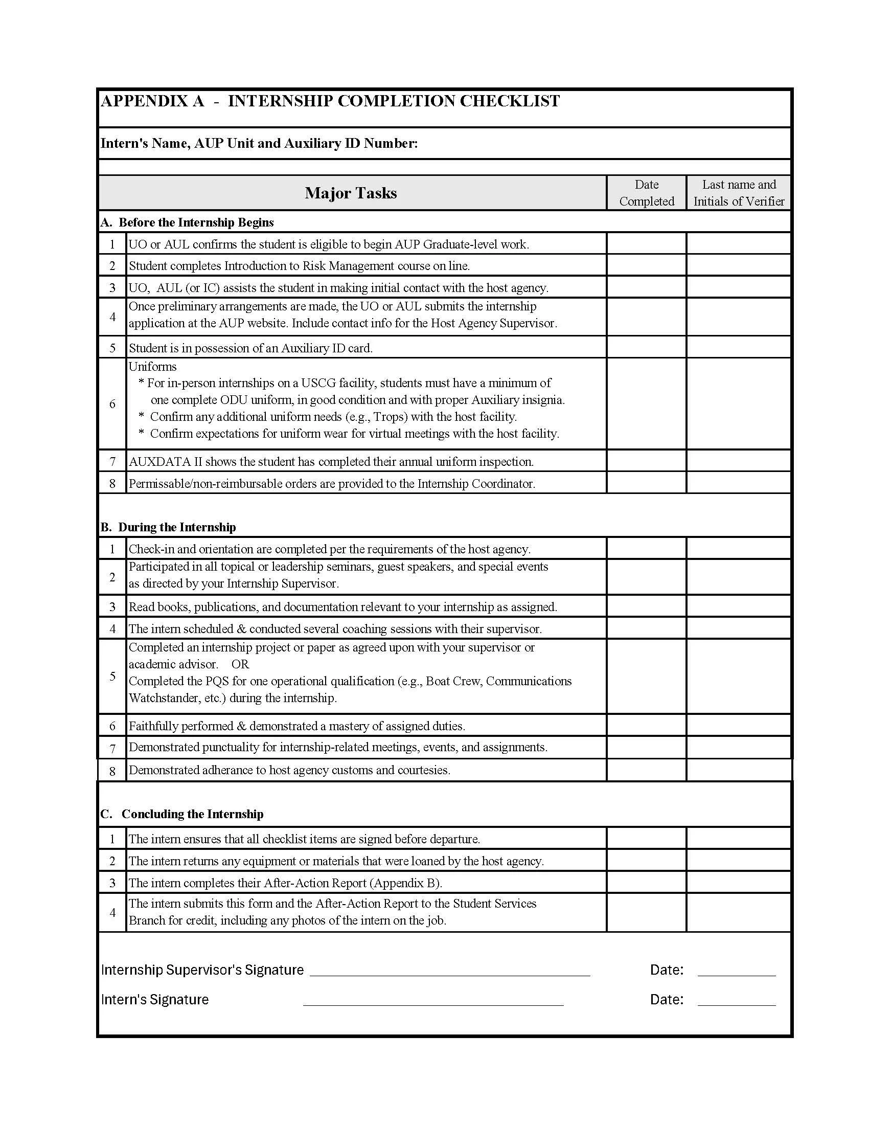 Internship Guide, Appendix A - Internship Completion Checklist