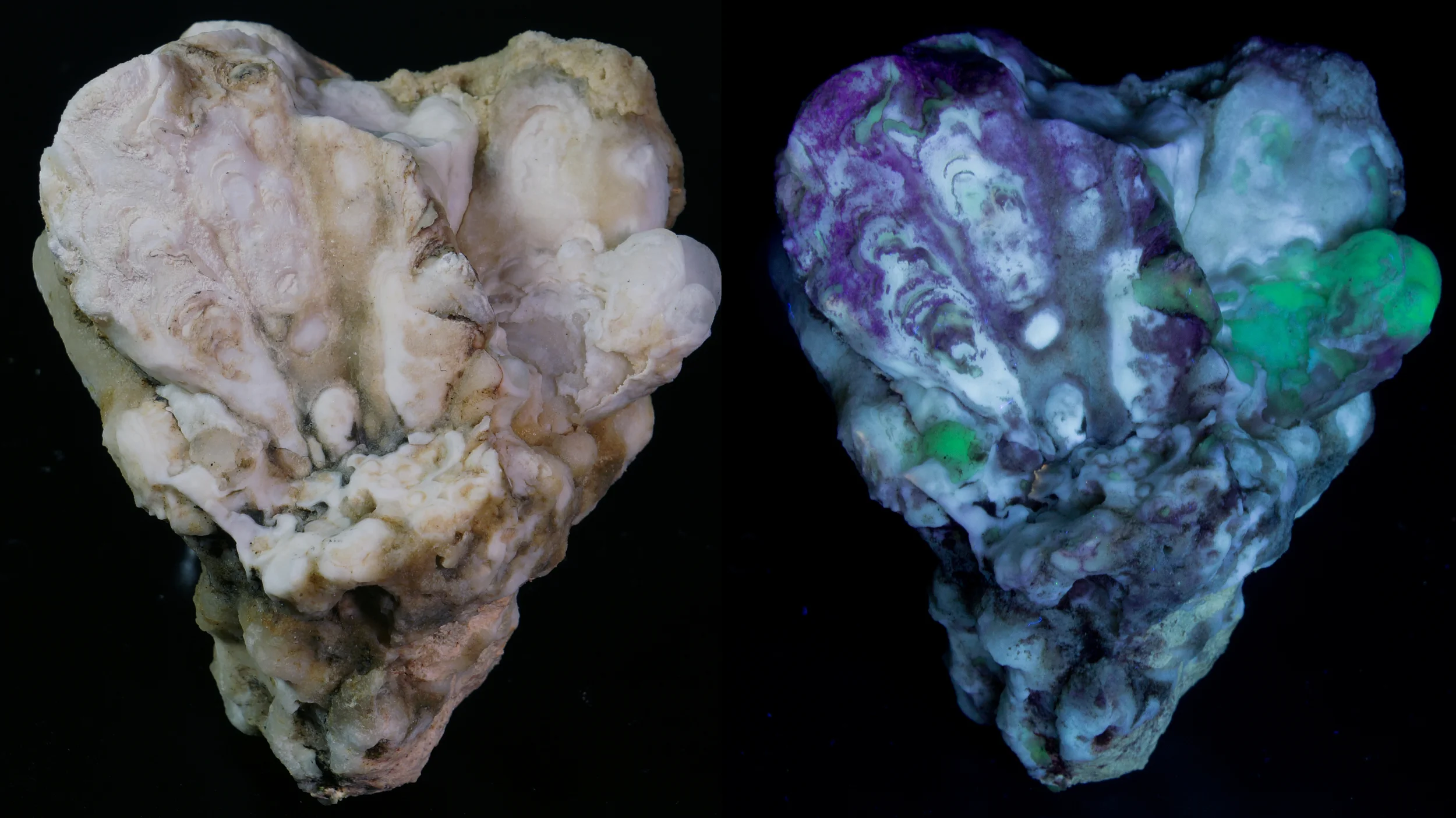 Visible, 253.7nm SW Aragonite (white SW) Chalcedony (green SW) Caliche (orange & light green at bottom right of photo SW) Fluorstar Prospect, San Bernardino County, Cushenbury Valley, CA