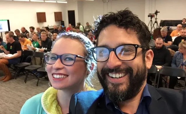 Producer Cornelius Swart and Liz Scott right before screening Priced Out to approximately 150 employees of Elemental Technologies.