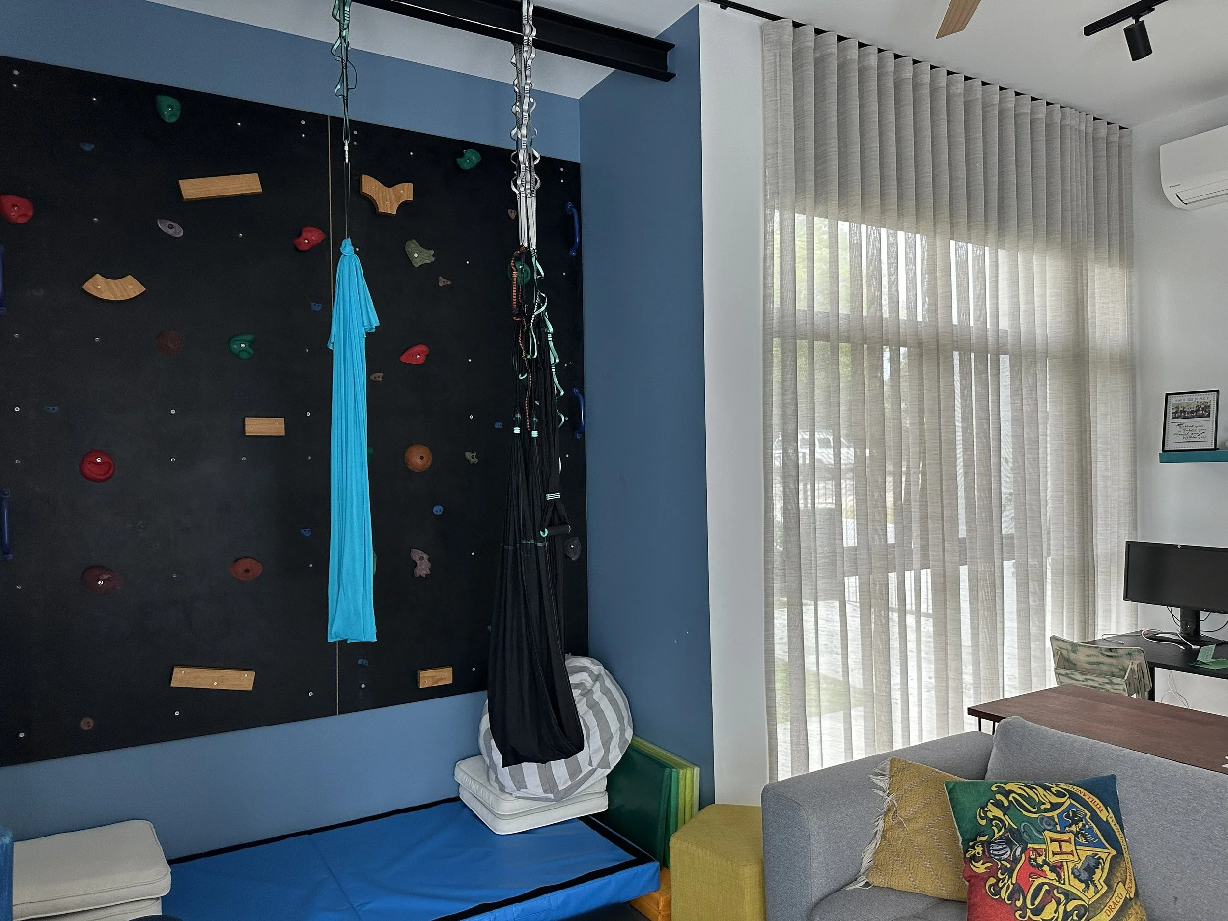 A close-up of a small rock climbing wall with two hammocks hanging from the roof in front of it at Arklen's custom build in Attadale, Perth.