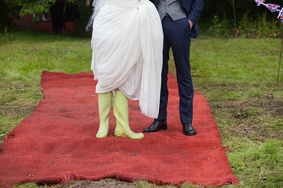 festival bride, diy wedding, wellies, bride and groom