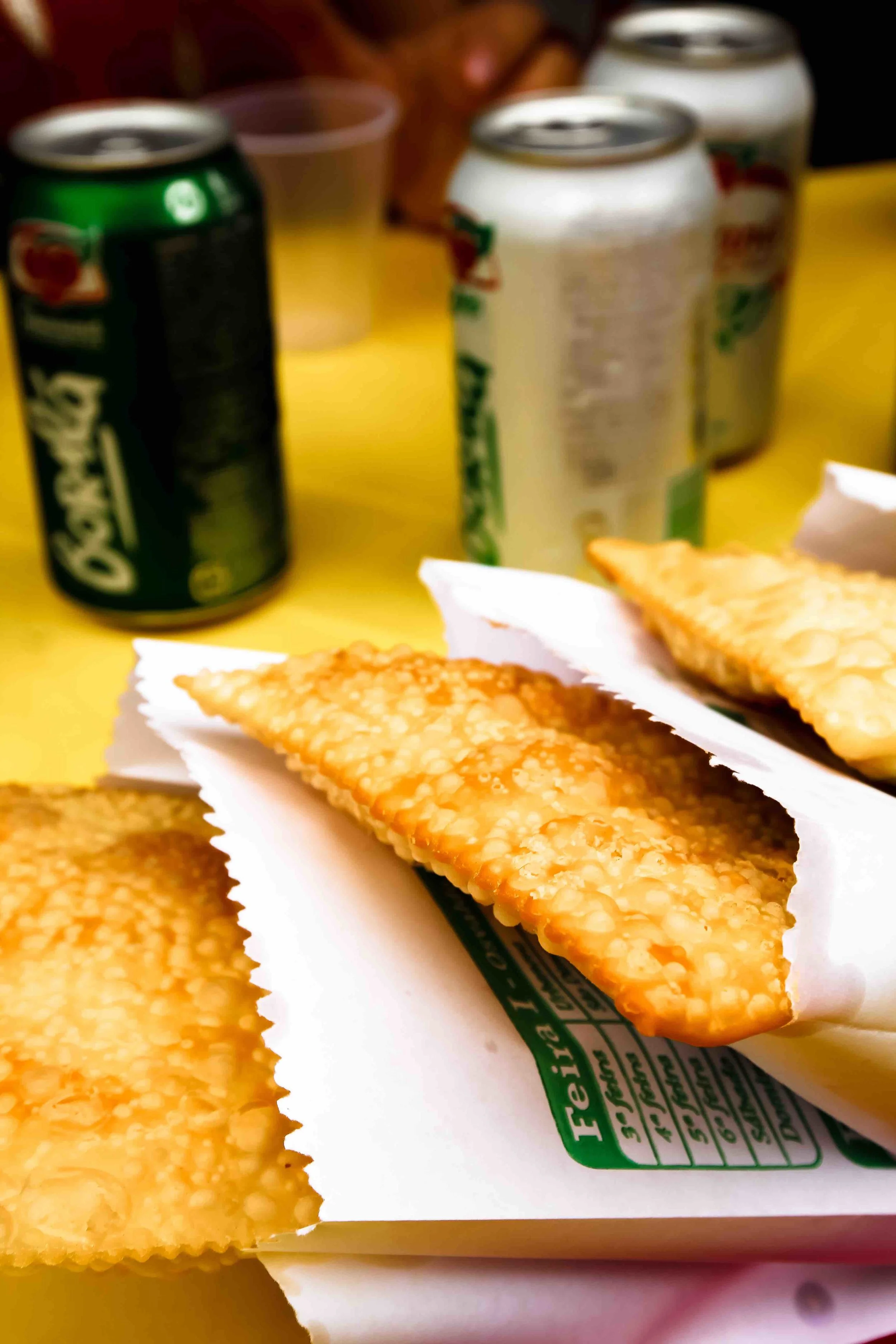 Locally-made Pastel , a fried pastry filled with meat, cheese, or, sometimes, nothing.