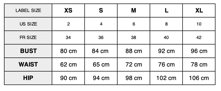 Size chart for clothing with measurements in centimeters for bust, waist, and hip, and sizes ranging from XS to XL.