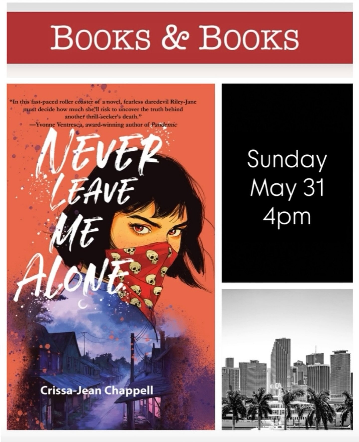 Miami friends! Save the date! 🐊 

Sunday, May 31
4pm

NEVER LEAVE ME ALONE book launch 🚀 

Books &amp; Books, Coral Gables

#newrelease 
#thrillerbooks 
@regal_house_publishing