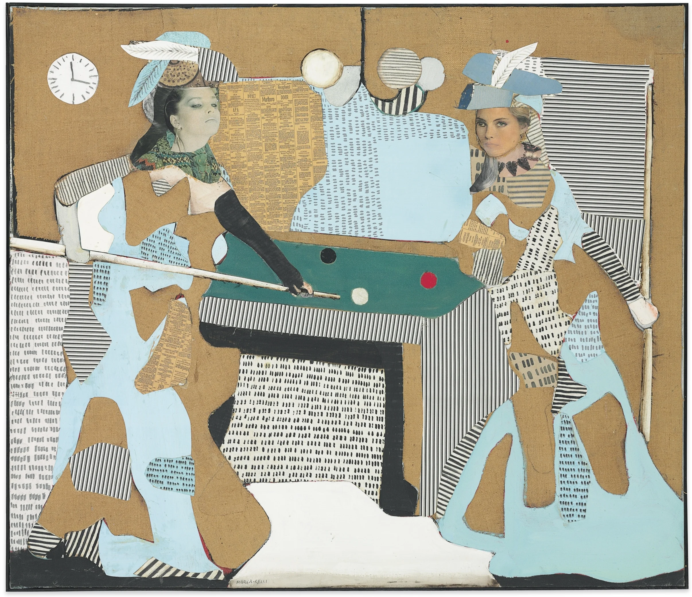 The Pool Game, 1981 , oil on burlap, fabric, printed paper, and newsprint collage on canvas, 48 x 55 1/2 inches