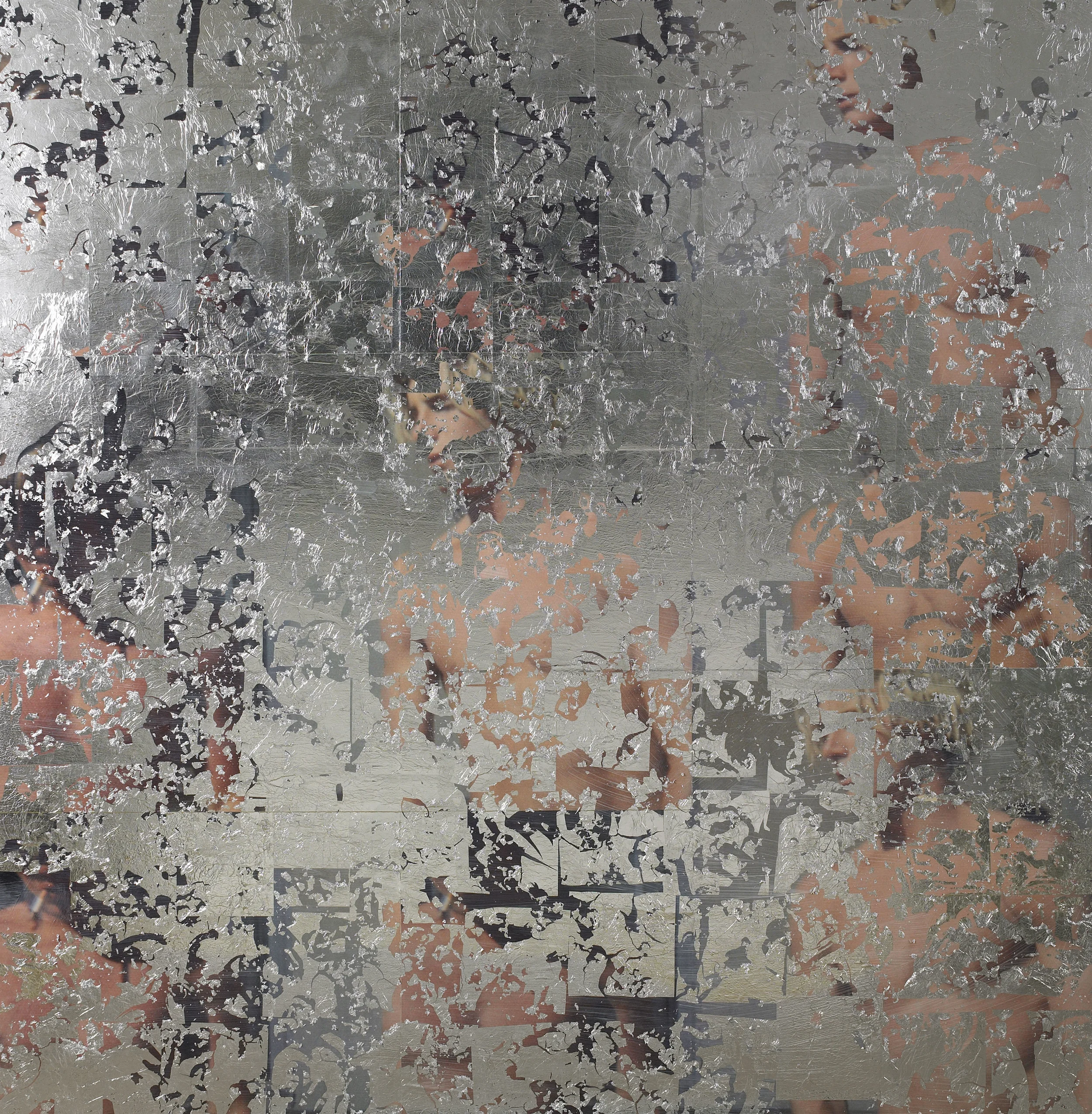 Rosa, 2013, posters, paint and aluminum leaf on wood, 60 x 57 inches