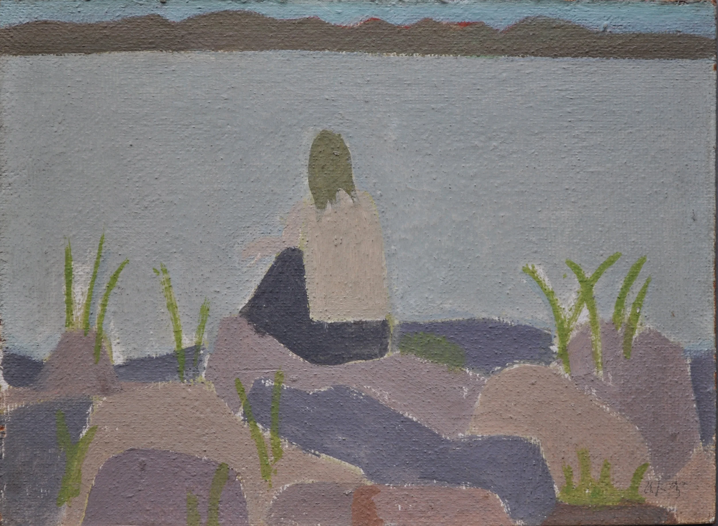 Alex Katz, Daphne Mumford on Maine Coast , 1957, oil on board, 10 x 13 1/2 inches