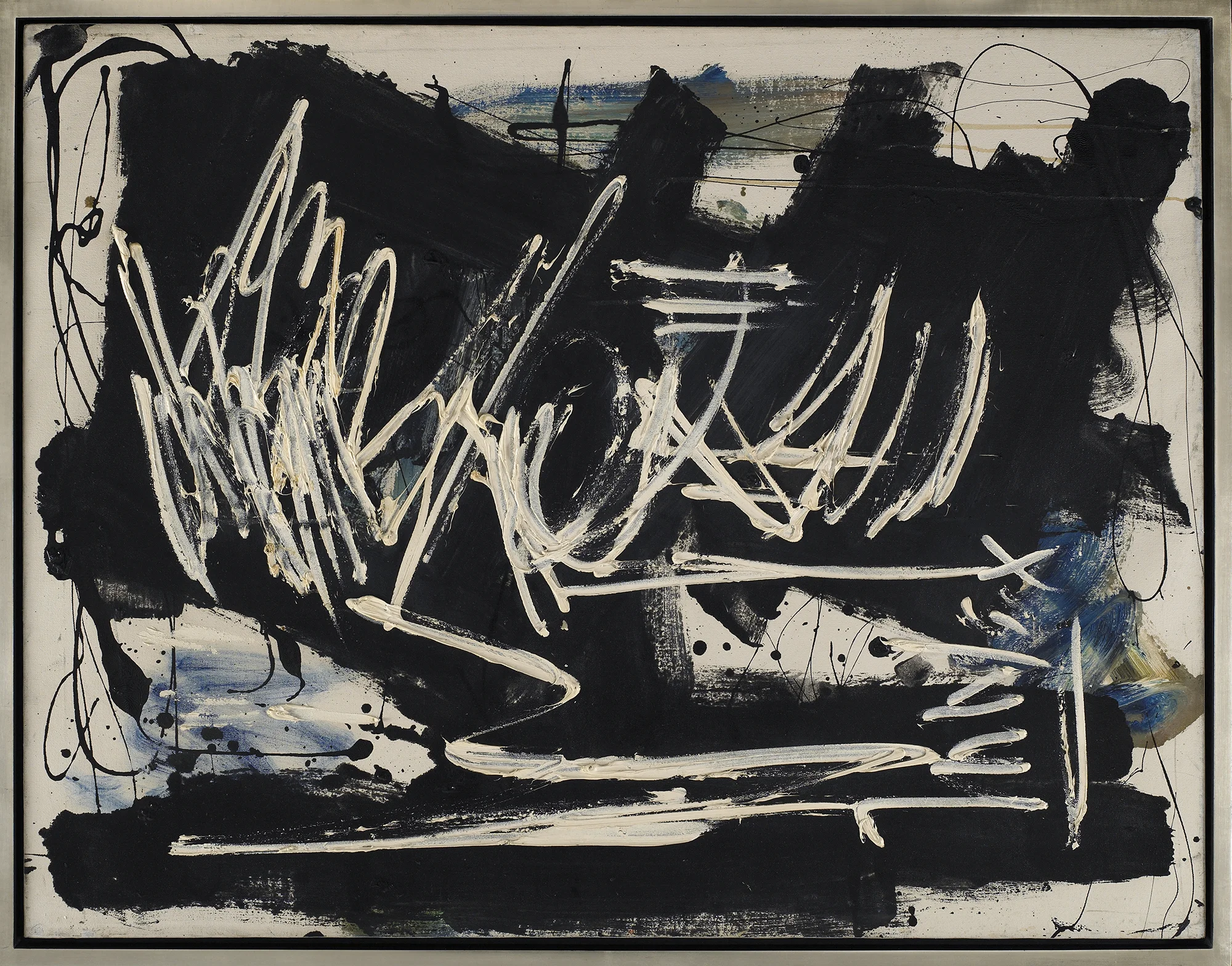 SOLD Black and White with Blue, Oil on canvas, c. 1968, 32 x 50 inches