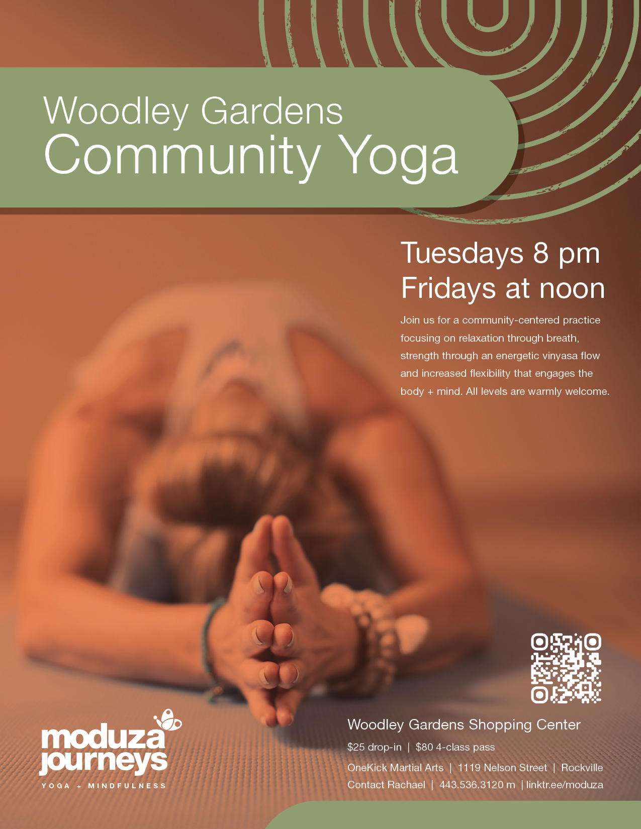 Current Woodley Gardens Community Yoga flyer for winter 2026