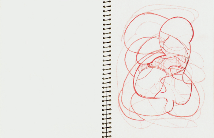 FORM GENERATION ARTIST BOOK 2004-2008, red pencil on paper, 7 1/4 x 5 5/8 inches The Form Generation Artist Book begins with an automatic drawing. A form is found within the web of lines, cut away and used as a template for the next page. After randomly tracing the form template on that page, another form is found, cut away and used as a template on the next page. The book continues in this manner for 12 pages.