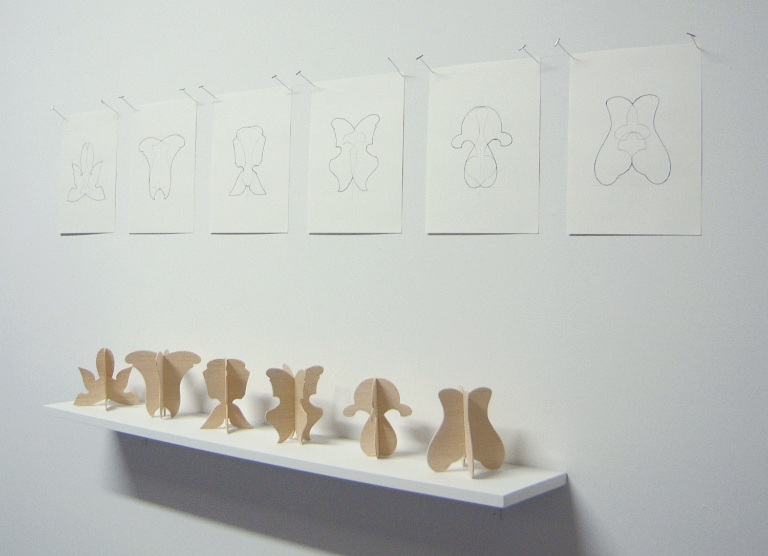 MODEL DRAWINGS 2003, charcoal on paper, each drawing 12 x 9 inches BALSA MODELS 2003, balsa wood, dimensions variable