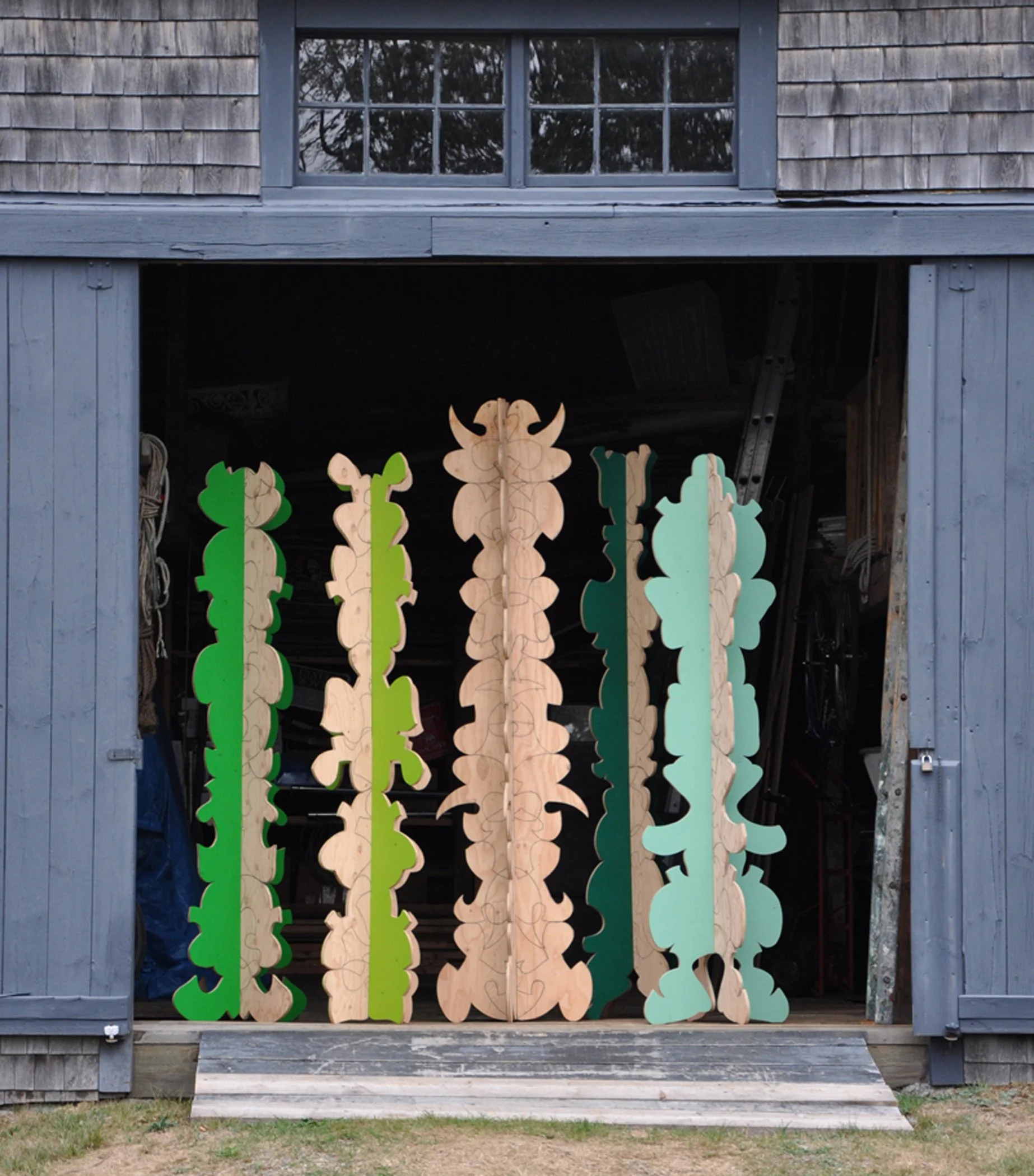  BROAD COVE TOTEMS, 2010, charcoal and latex on plywood,&nbsp;dimensions variable  Installation view while in residence at Broad Cove:  August 2010, Islesboro, Maine 