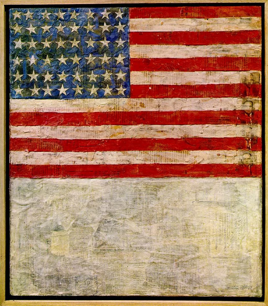 Jasper Johns, Flag above White with Collage, 1955. Encaustic and collage on canvas.