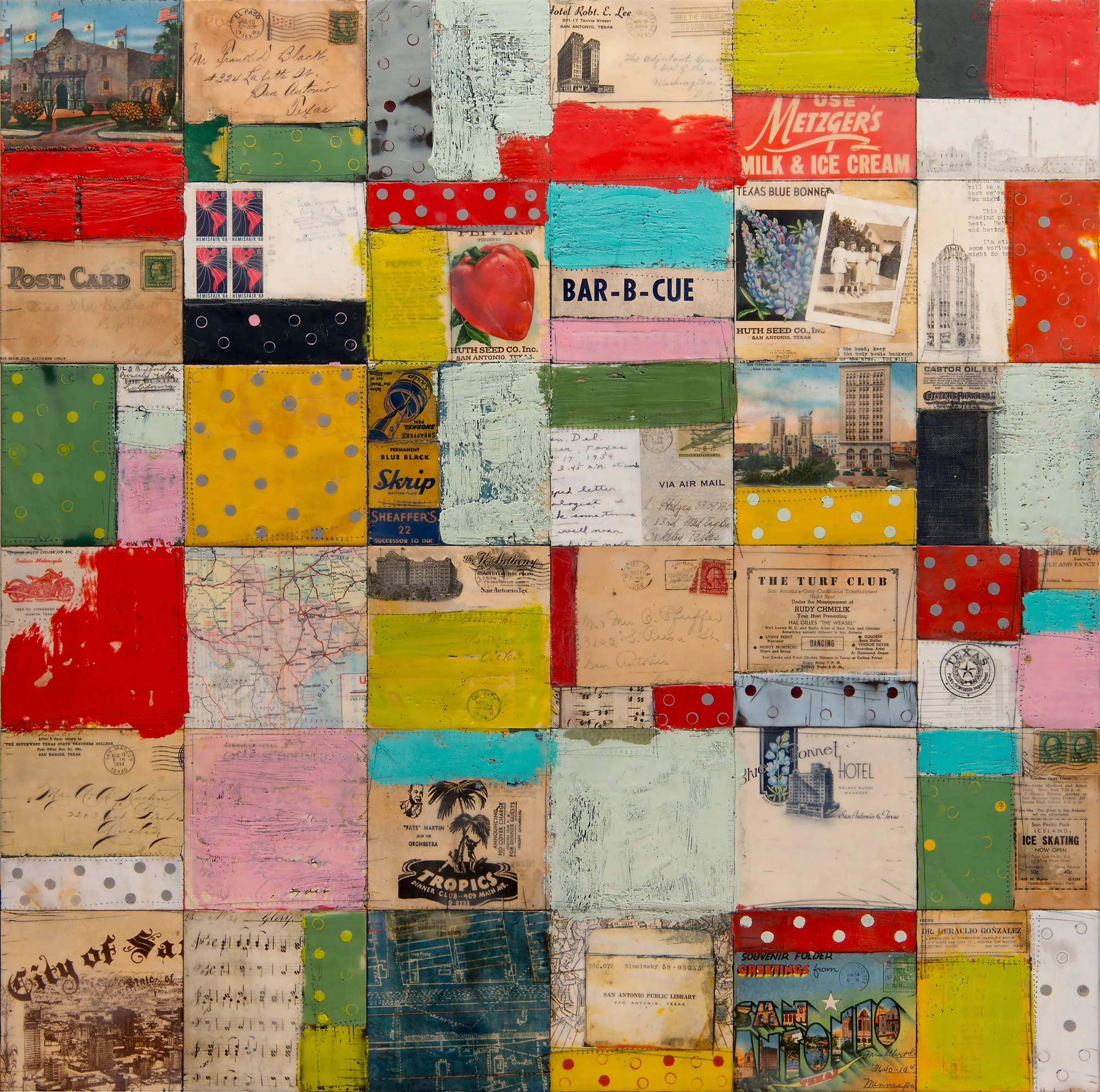 Greetings from San Antonio, 30" x 30", encaustic, oil, collage on cradled wood panel