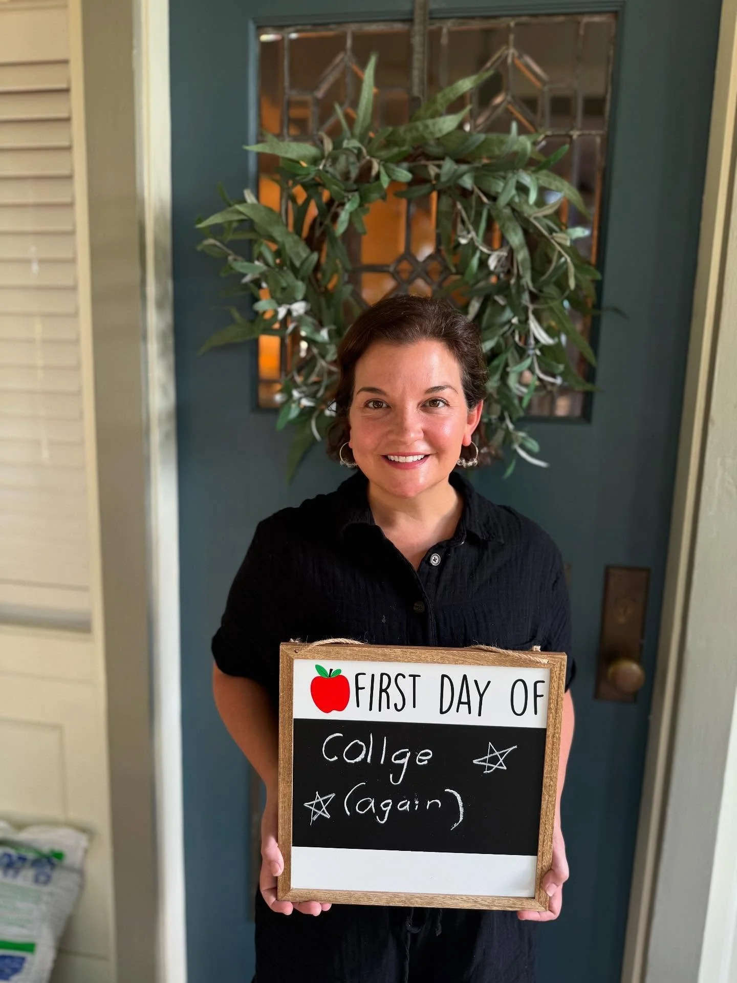 Back to school (third times a charm?) My daughter took this awesome photo and enjoyed using our sign for me. I made her stand on a chair for most flattering chin angle. Getting my K-12 art teaching certification. A classmate opened the door for me an