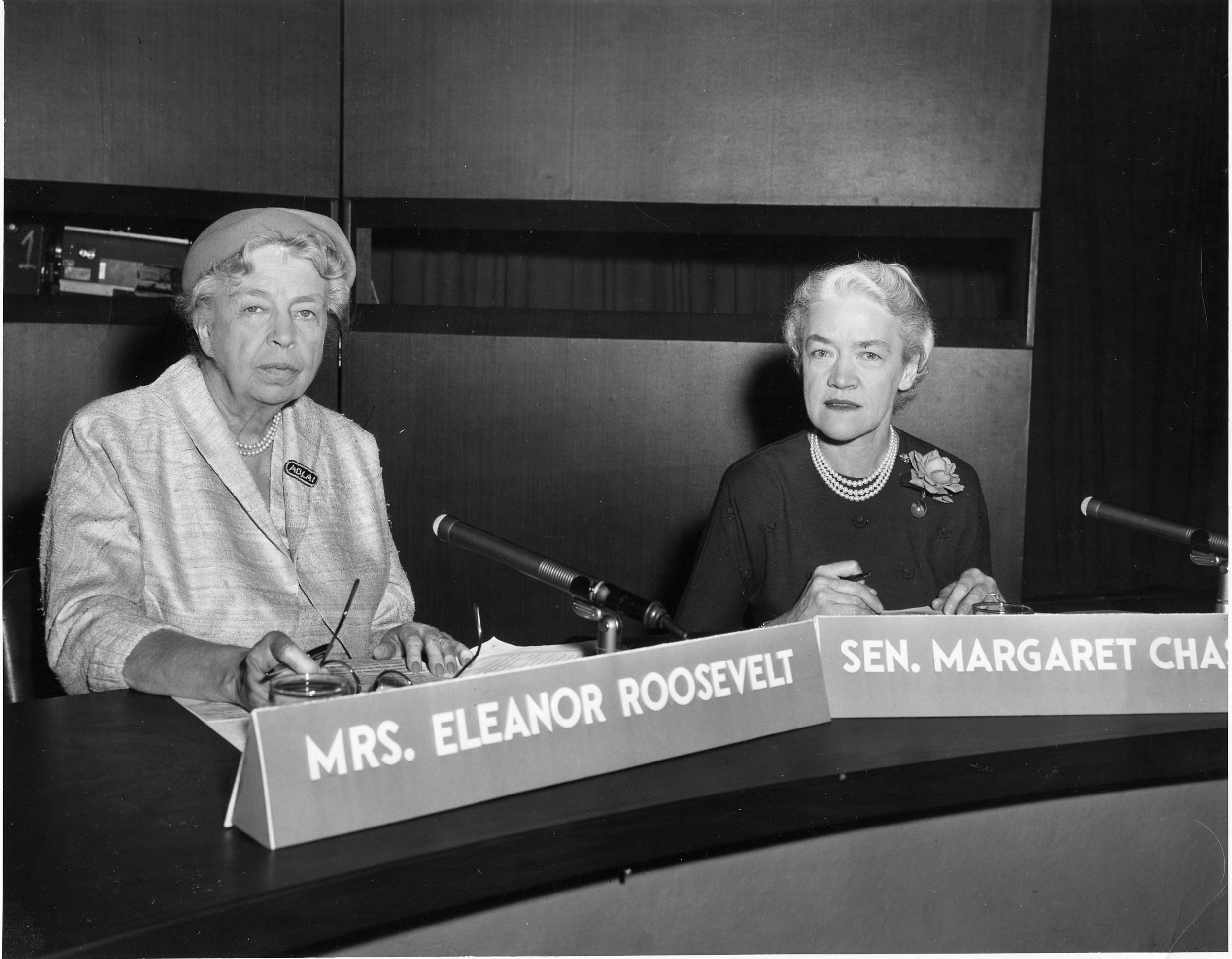 1956: Debates Eleanor Roosevelt during presidential campaign on "Face the Nation."