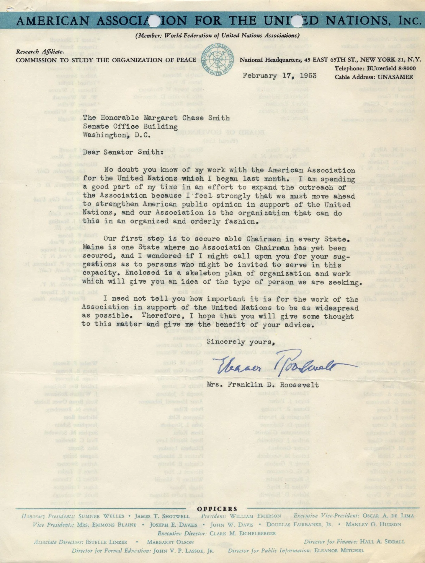 It's United Nations Day! To commemorate, here is a letter from Eleanor Roosevelt to Senator Smith asking for assistance in identifying a possible UN chairperson from Maine. There is no record that one would be found. #UnitedNationsDay