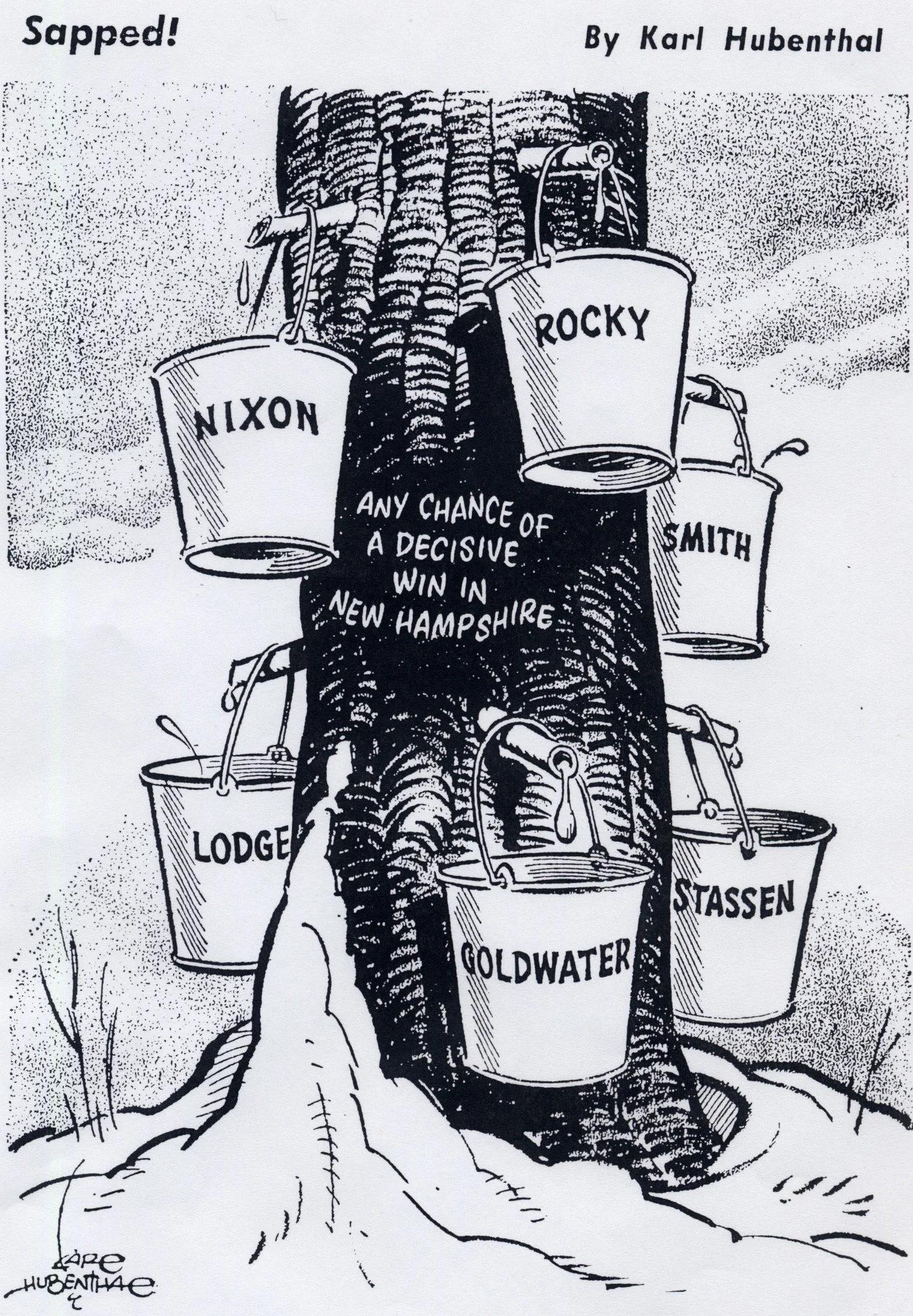 #OTD in 1964 this cartoon was published in the Los Angeles Times in anticipation of the first Republican presidential primary happening in New Hampshire. Which candidates do you recognize?