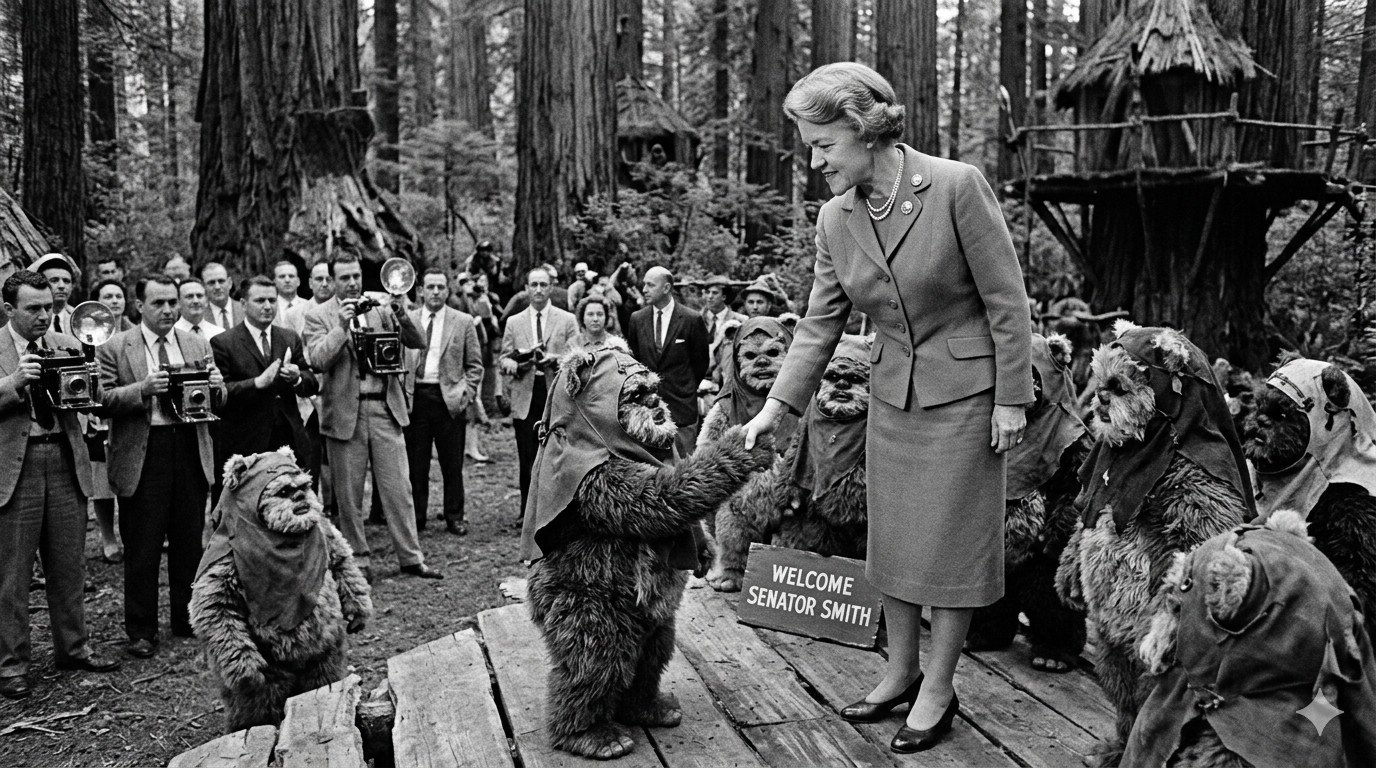 May the 4th be with you! 

Senator Smith visited Endor in early 1983 to assist with negotiations between Rebel Forces and the Empire. Ultimately, the talks stalled. However, her insistence that the Ewoks work with Luke, Leia, and Han led to success a