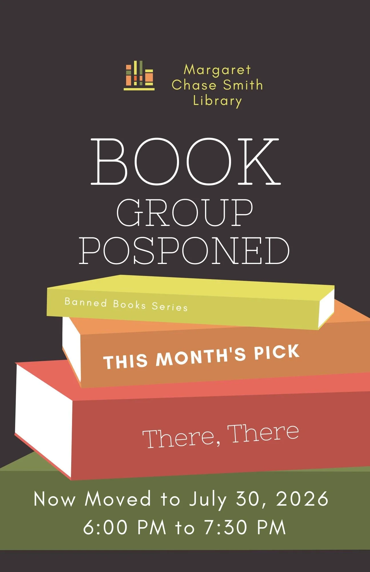 Due to unforeseen circumstances, we will need to postpone tonight's book discussion until next week, July 30, 2026. Same time and place! 

We apologize for the inconvenience.