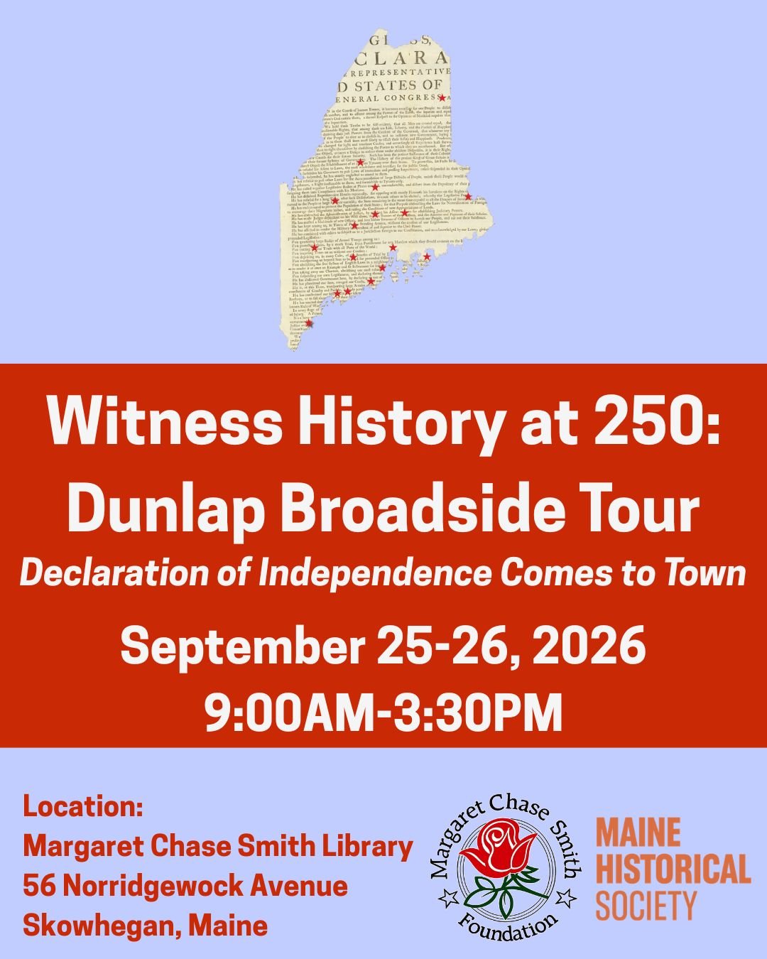 Anticipation is building! In honor of the country's 250th anniversary, come see an original printing of the Declaration of Independence at the MCSL. It will be here Sept 25&ndash;26. Timed tickets are free, but space is limited and will fill up quick
