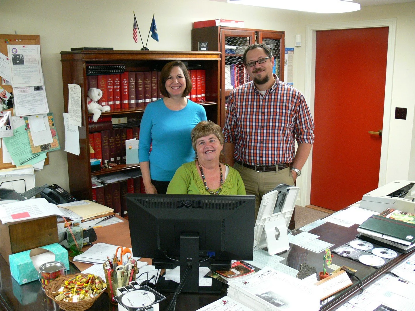 Check out this throwback staff photo taken #OTD in 2013, when we were celebrating Angie Stockwell's birthday and marking library anniversaries for Lynn King (23 years!) and John Taylor (1 year!). Take a guess which one is still working here.
