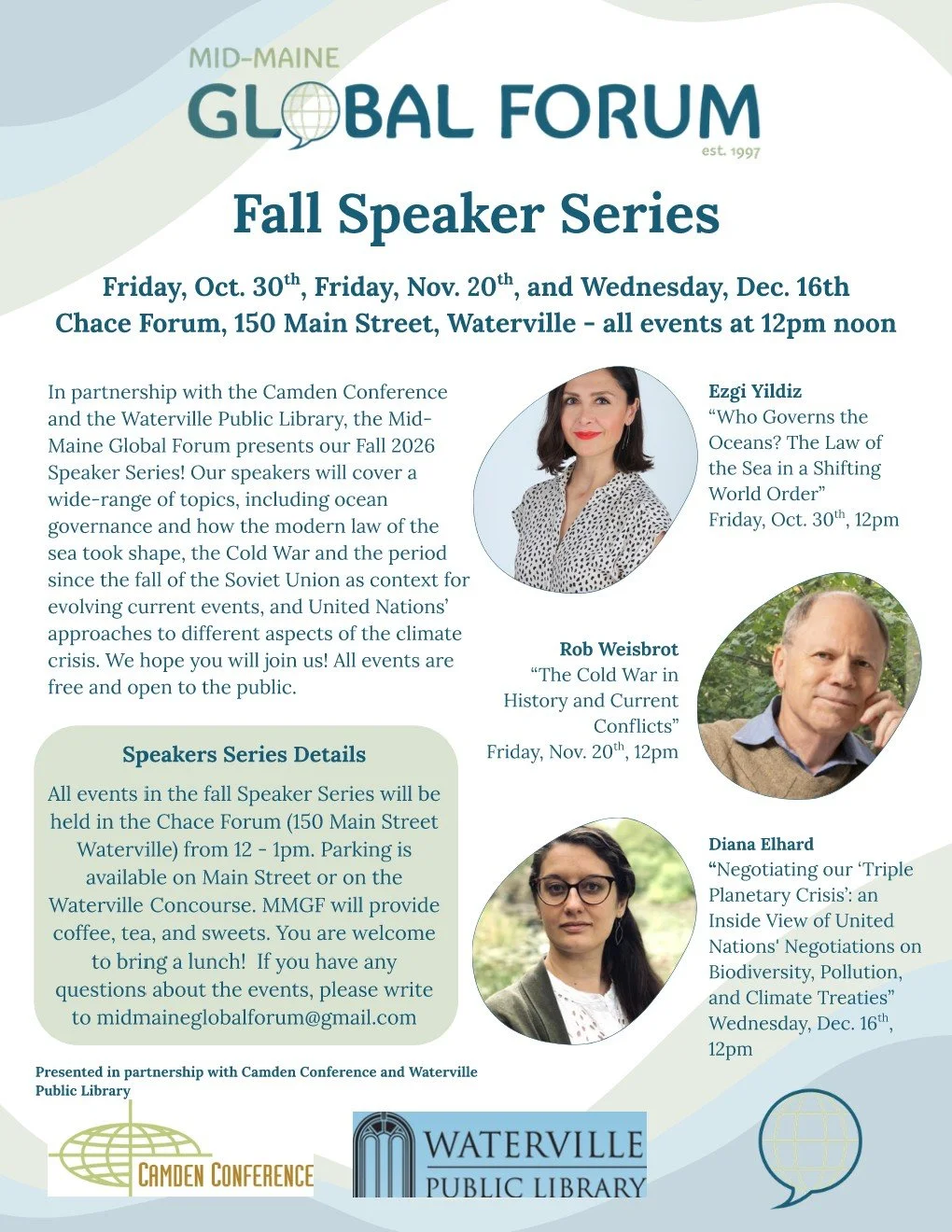 Exciting news! Our partners at the Mid-Maine Global Forum are hosting a dynamic Fall Speaker Series, kicking off today at noon! 🌍✨

Join them at the Chace Forum (150 Main Street, Waterville) for thought-provoking talks on global issues&mdash;from oc