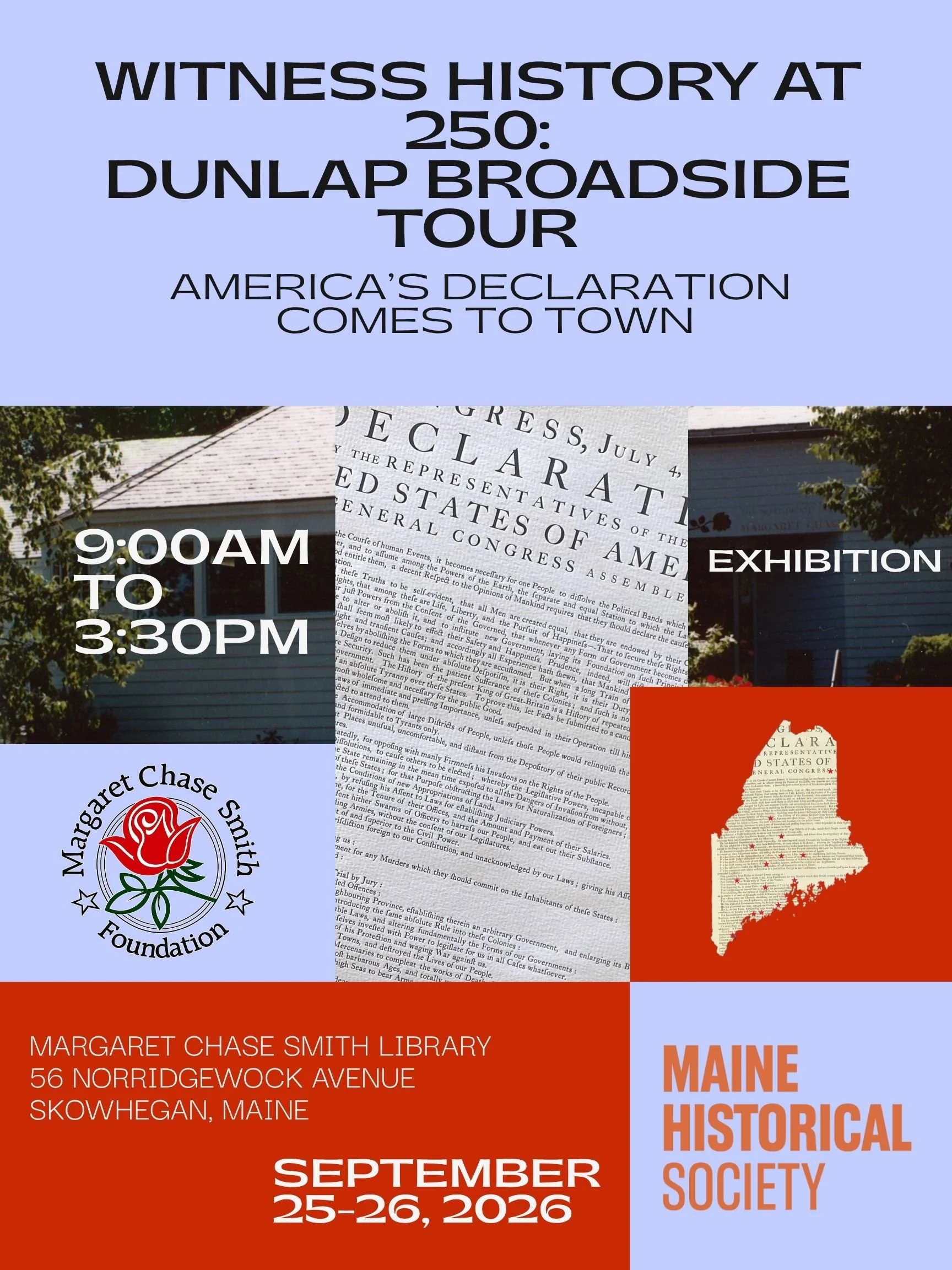 Picture gives information about an upcoming event on September 25-26. The Library will host the Dunlap Broadside 9:00AM-3:30PM in partnership with the Maine Historical Society.