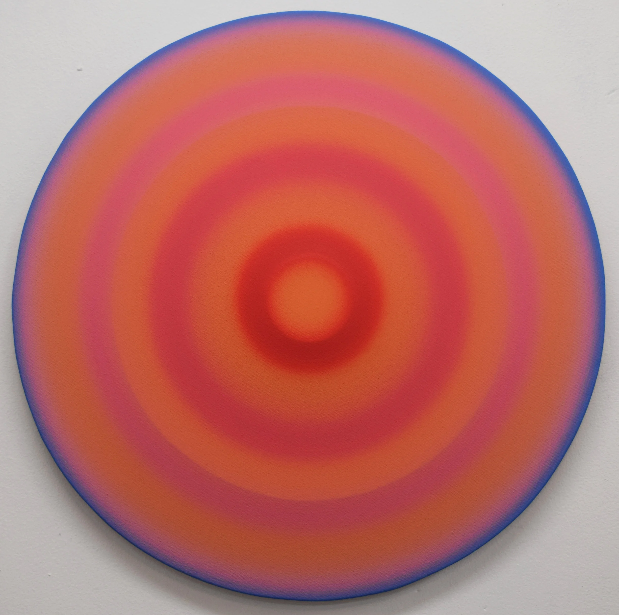 spin painting (orange, pink, blue): vinyl paint on canvas, 19 inches, 2018