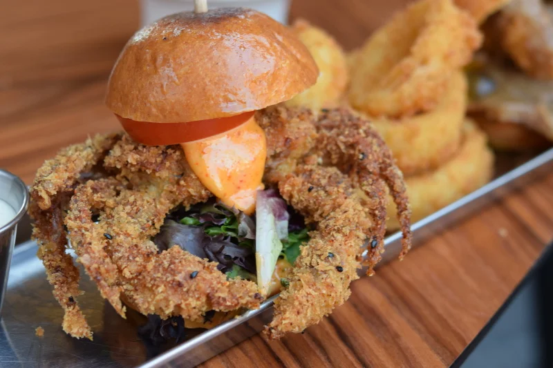 Hatch's Softshell Crab Slider and onion rings