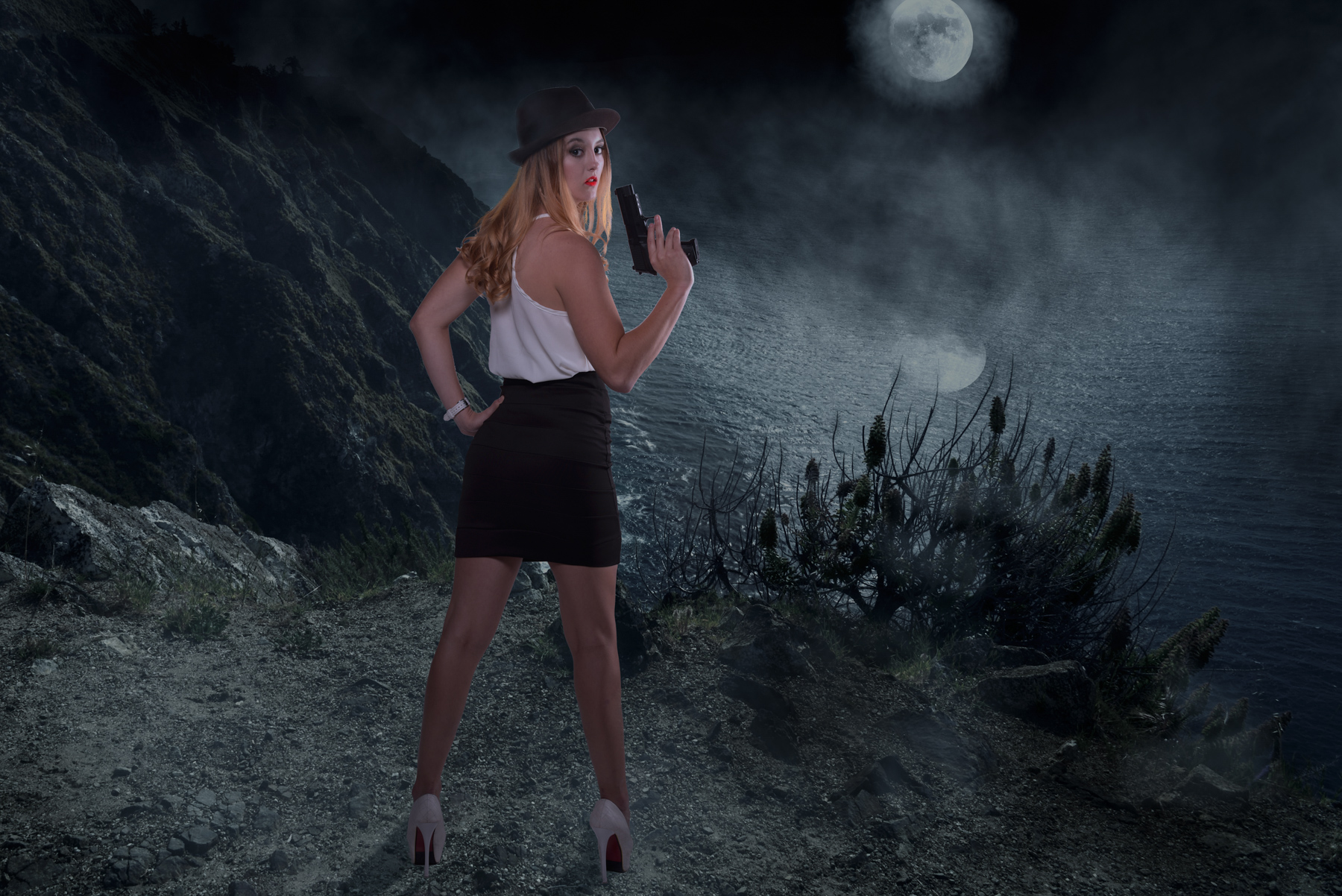 woman with gun on a foggy night fog moon sea seashore surreal moon clouds dark cool.jpg