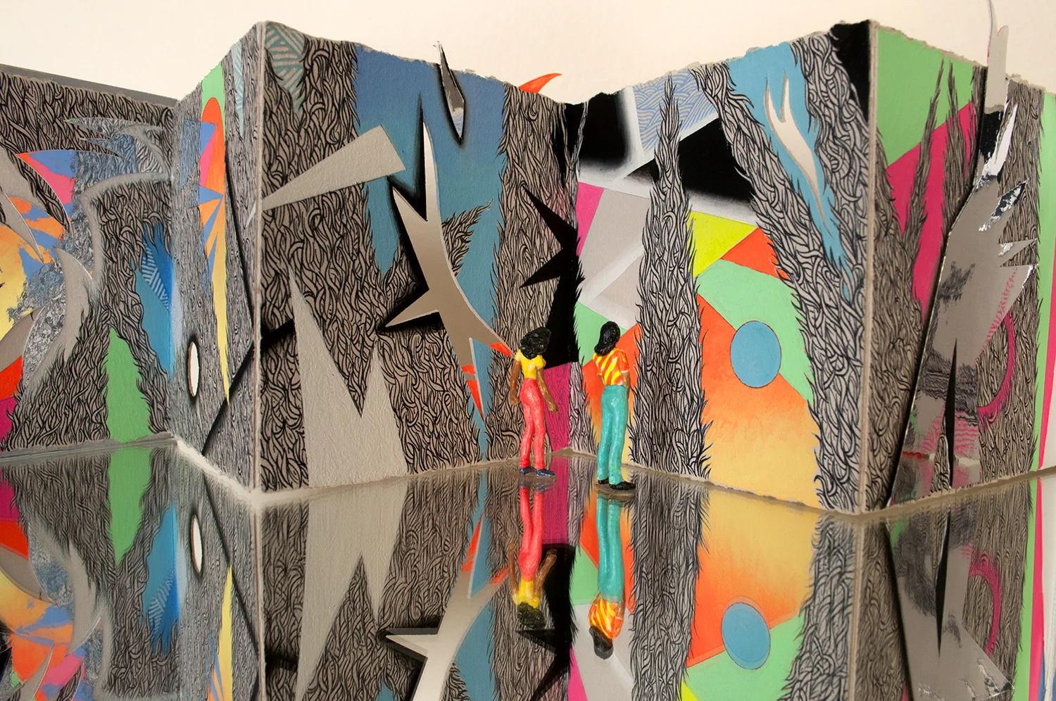 Cova-Paul Accordion Book Detail , Gouache, pen, ink, mylar, intaglio, figurines, & archival tape on paper & wood, Approx. 25 in. x 4 in.