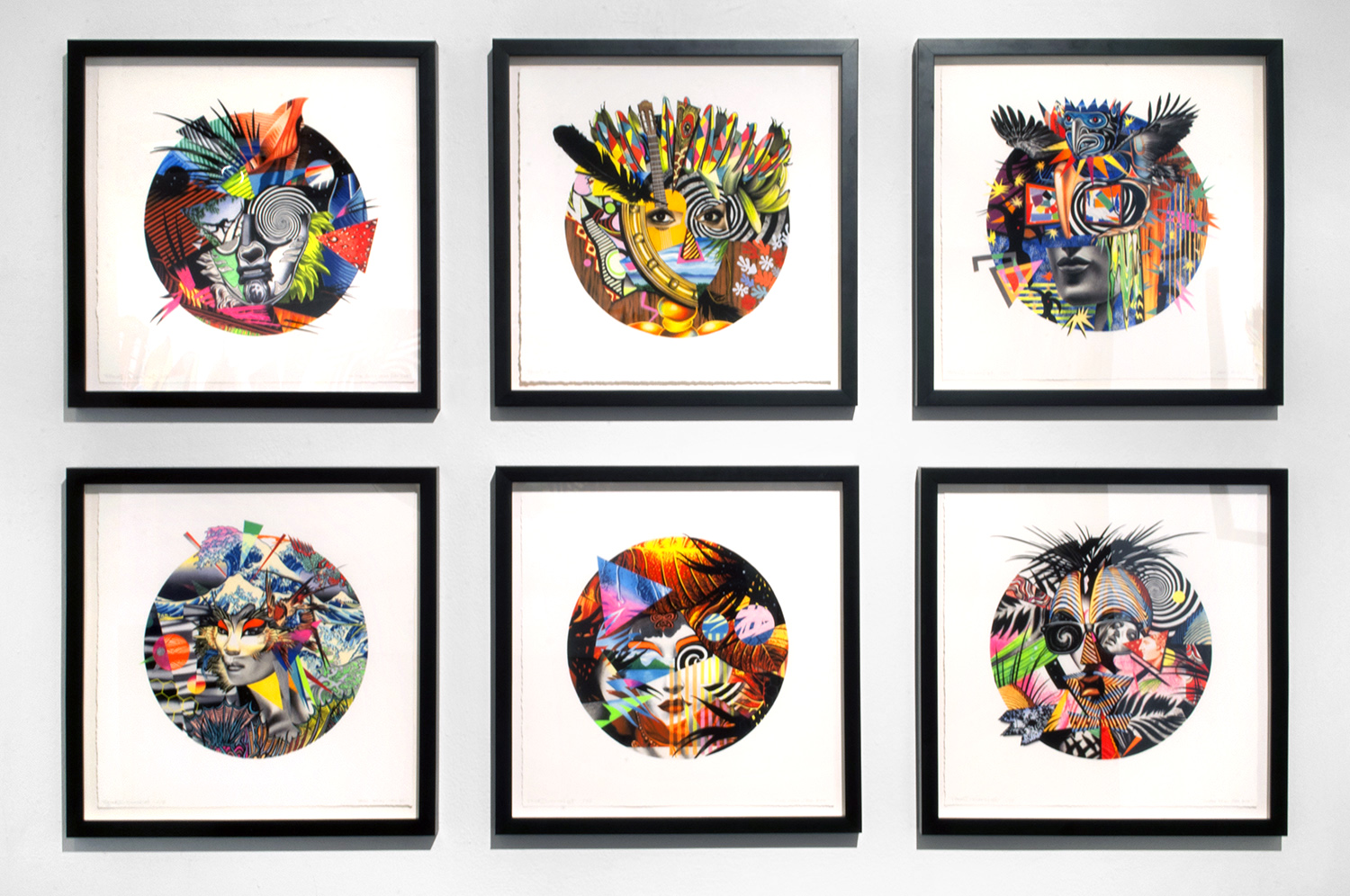 Tropicália: Mask Series Works on Paper Installation View , 16 in. x 16 in. ea.