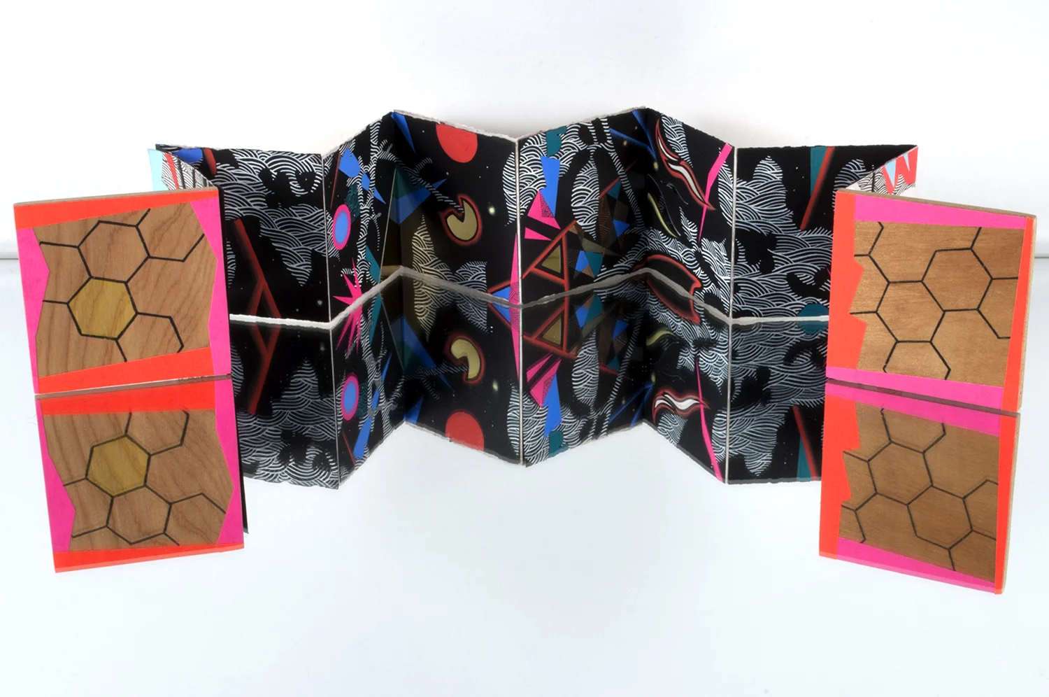 Kabuverdianu Accordion Book , Mixed media on paper & wood, 18 in. x 3 in. 