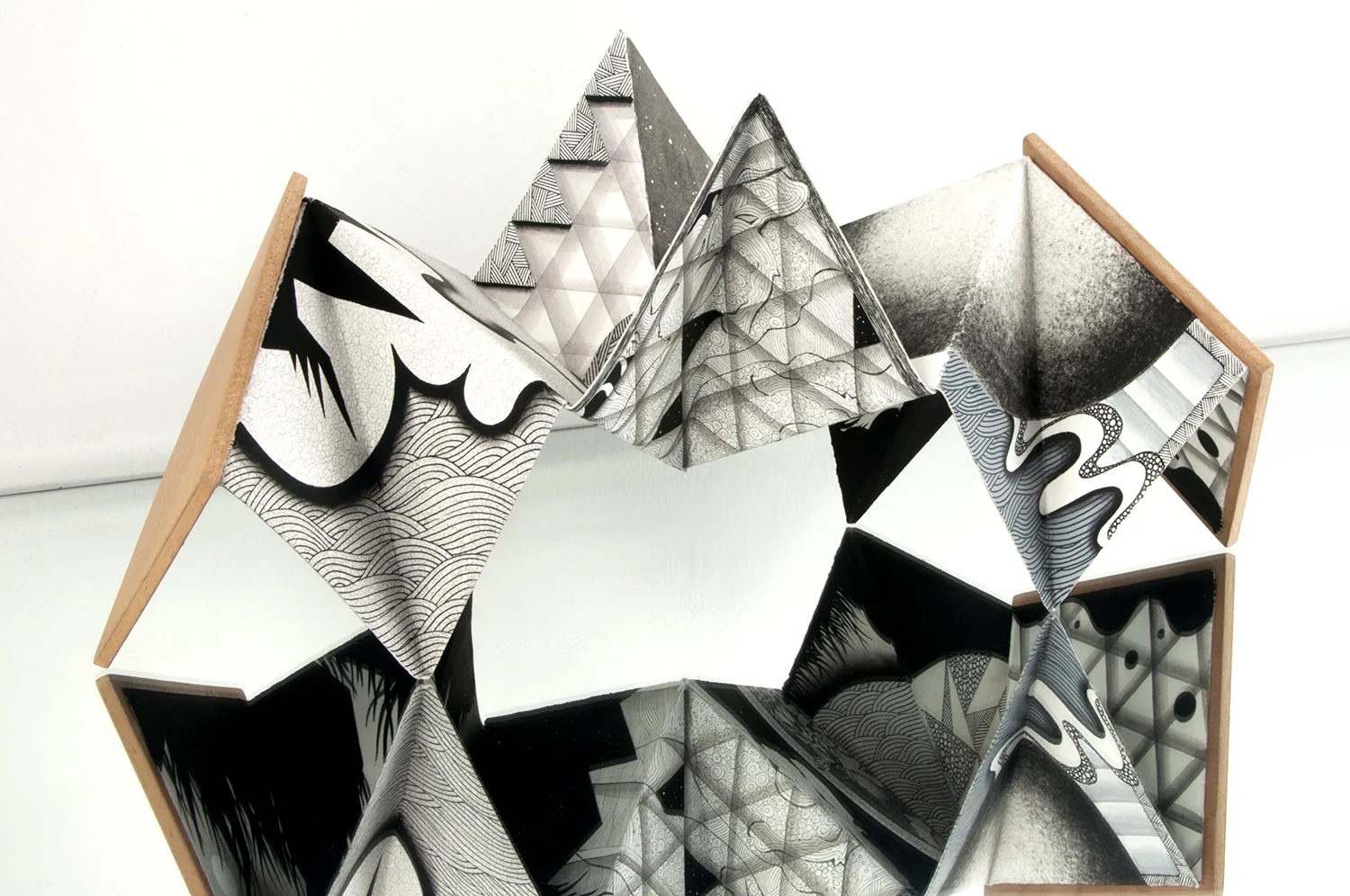 Cosmicarium Monochrome Accordion Book Sculpture , Mixed media on paper & wood, 20 in. x 10 in. 10 in. The Waskowmium Collection (Vermont, USA)